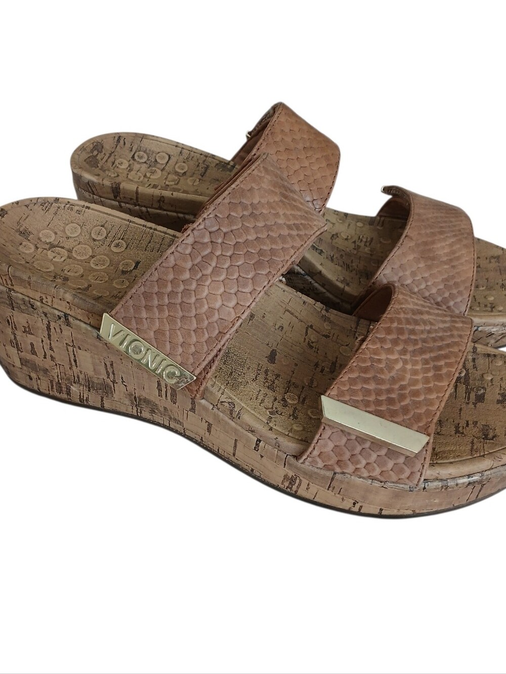 Vionic Pepper Tan Brown Hook Loop Double-Strap Wedge Sandals 8 Comfort Travel